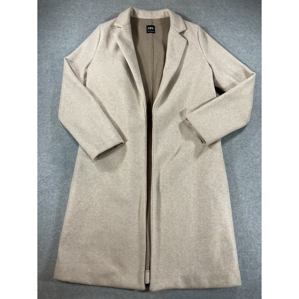 Zara Womens Medium Beige Open Front Longline Coat Notched Lapel Jacket J89